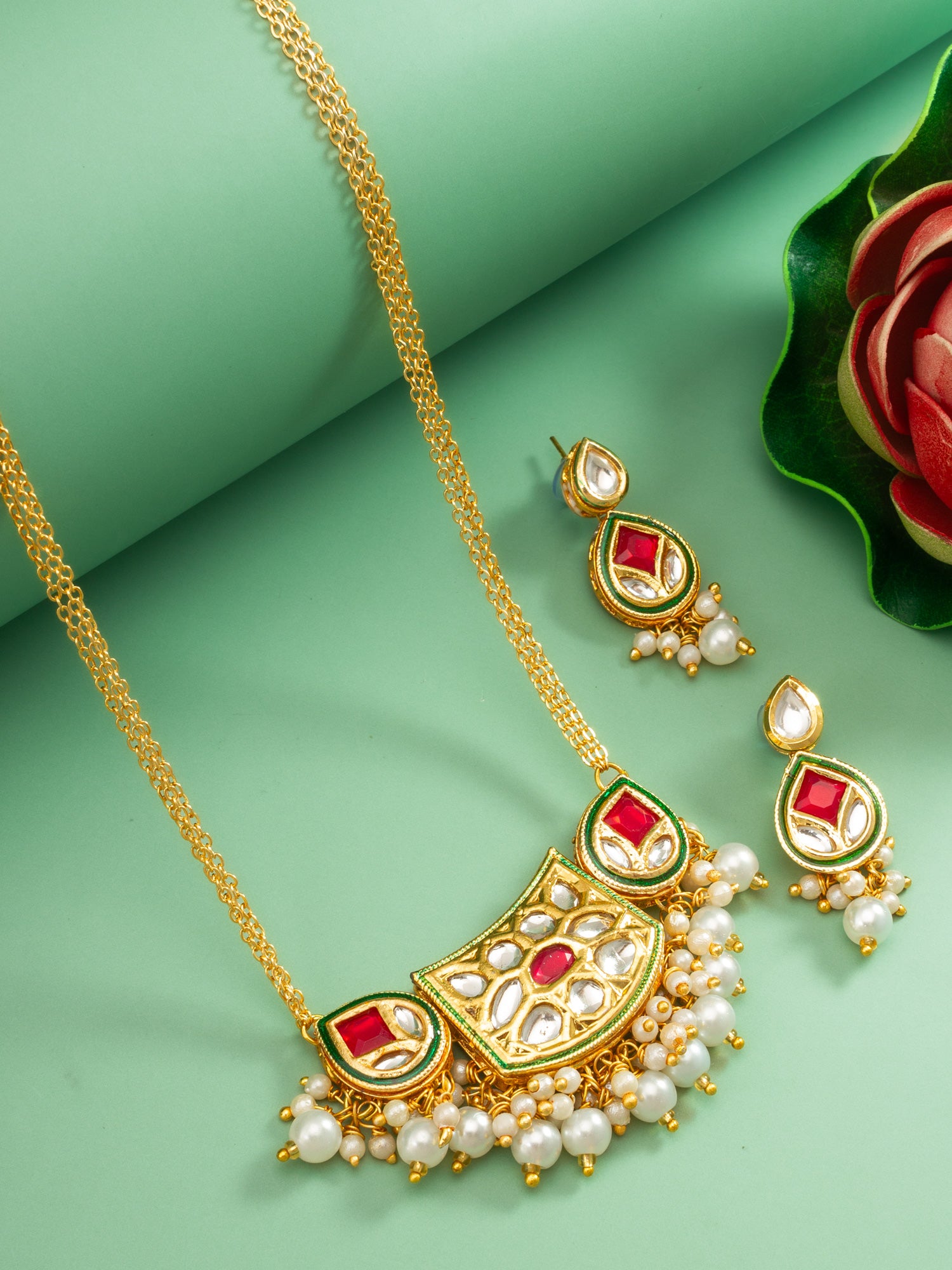 Aadita Ruby Red Crescent Kundan Necklace Set