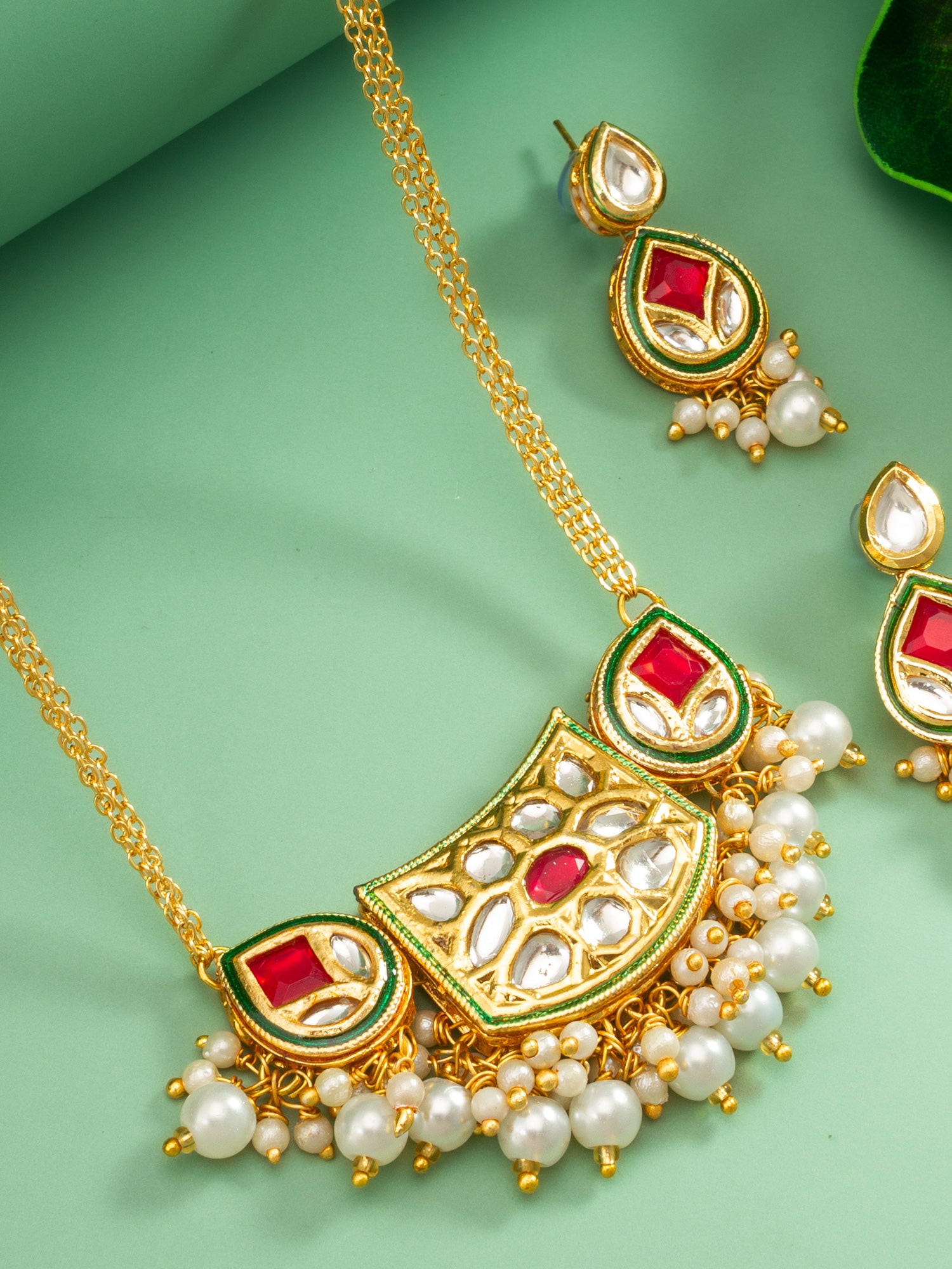 Aadita Ruby Red Crescent Kundan Necklace Set