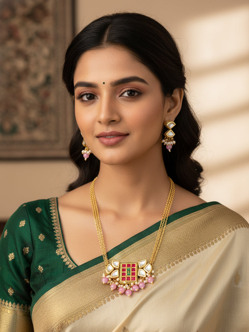 Aadita Geometric Pink and Green Stone Necklace Set