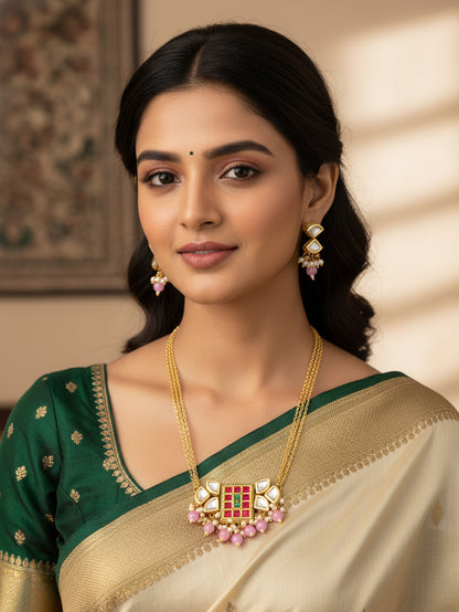 Aadita Geometric Pink and Green Stone Necklace Set
