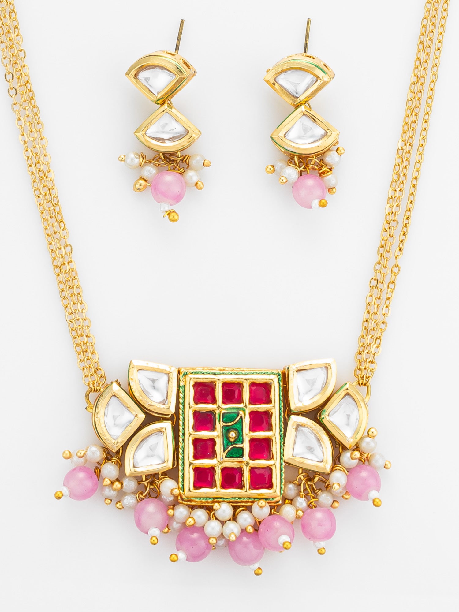 Aadita Geometric Pink and Green Stone Necklace Set