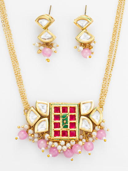 Aadita Geometric Pink and Green Stone Necklace Set