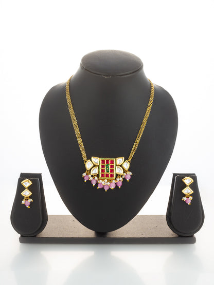 Aadita Geometric Pink and Green Stone Necklace Set
