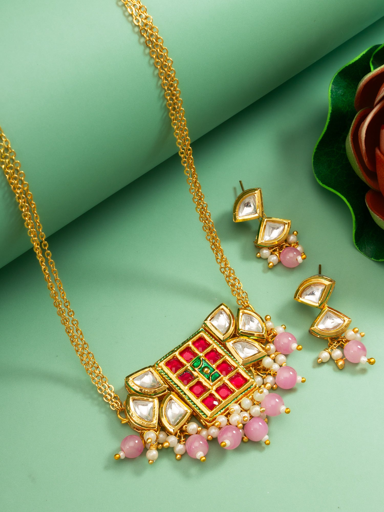 Aadita Geometric Pink and Green Stone Necklace Set