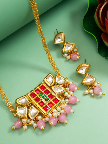 Aadita Geometric Pink and Green Stone Necklace Set