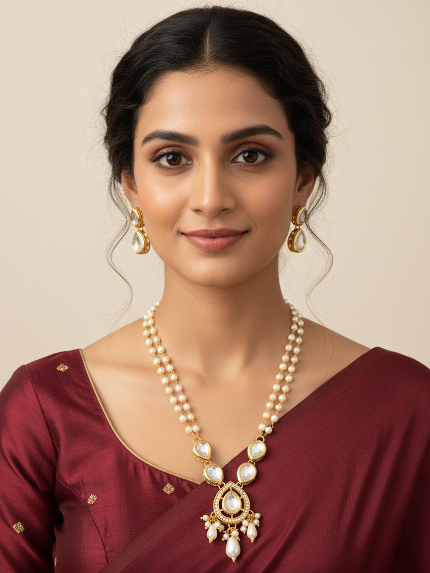 Gold Plated Pearl and Kundan Long Necklace Set