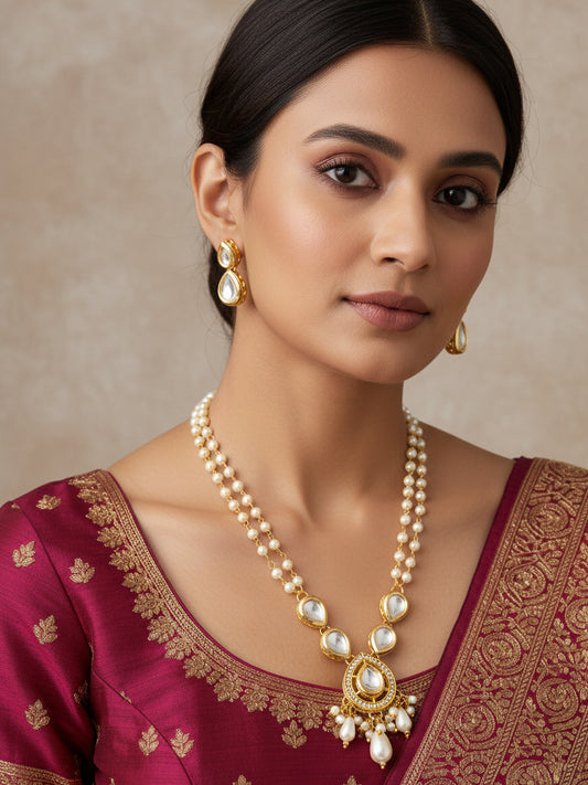 Aadita Gold Plated Pearl and Kundan Long Necklace Set