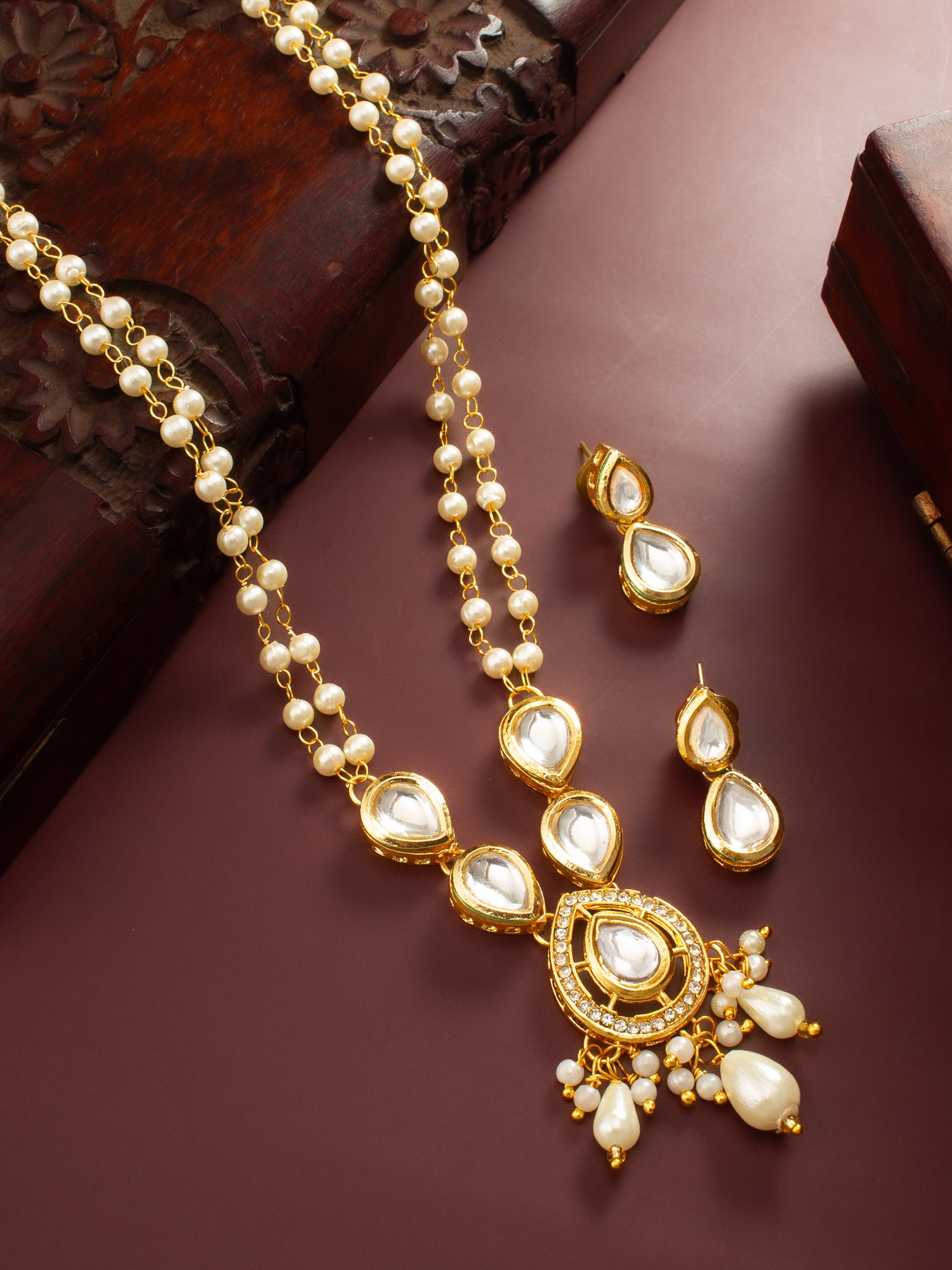 Aadita Gold Plated Pearl and Kundan Long Necklace Set