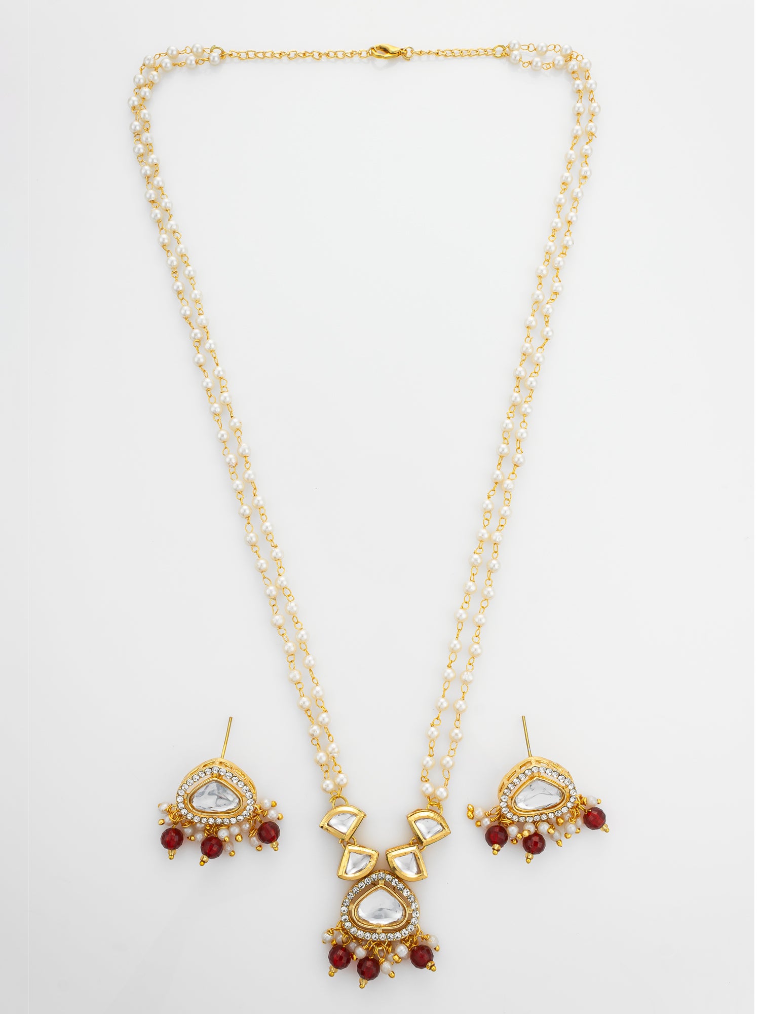 Aadita Gold Plated Kundan and Pearl Long Necklace Set with Red Accents