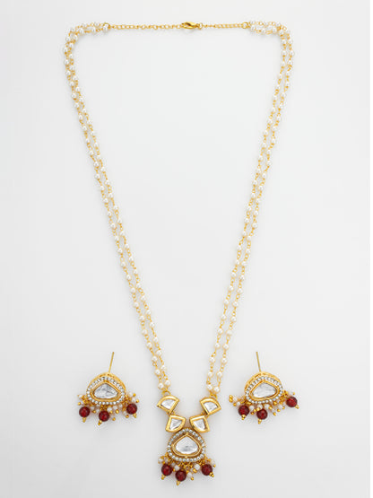 Aadita Gold Plated Kundan and Pearl Long Necklace Set with Red Accents