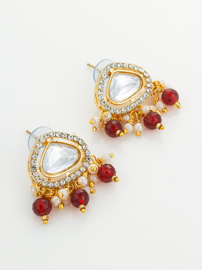 Aadita Gold Plated Kundan and Pearl Long Necklace Set with Red Accents