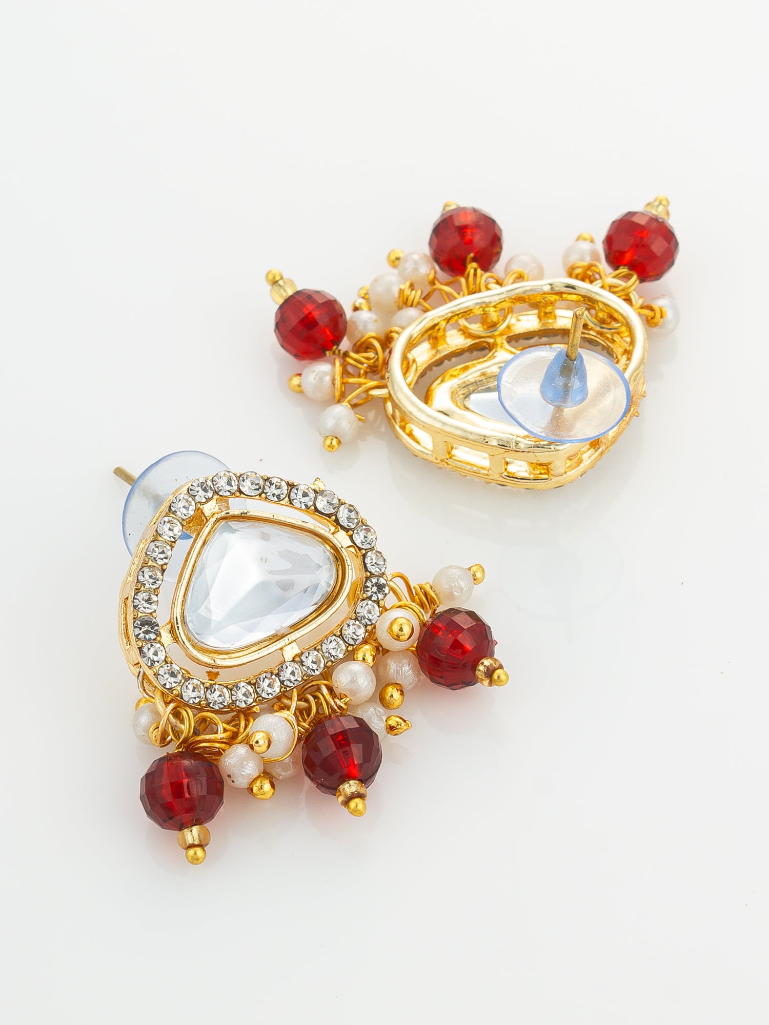 Aadita Gold Plated Kundan and Pearl Long Necklace Set with Red Accents