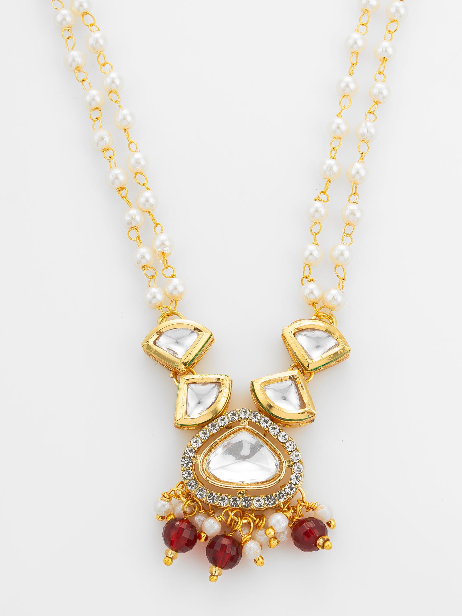 Aadita Gold Plated Kundan and Pearl Long Necklace Set with Red Accents