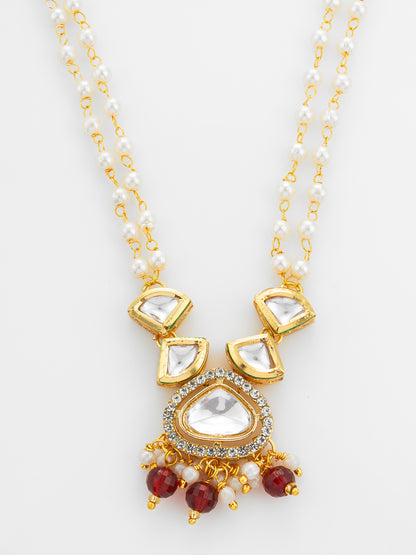 Aadita Gold Plated Kundan and Pearl Long Necklace Set with Red Accents