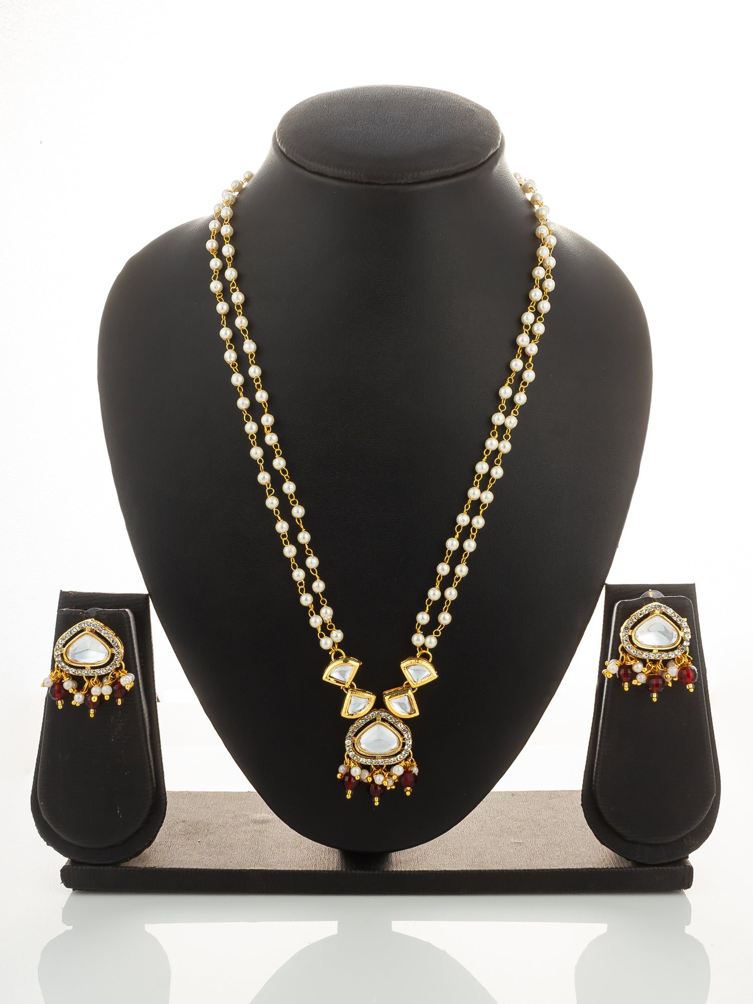 Aadita Gold Plated Kundan and Pearl Long Necklace Set with Red Accents
