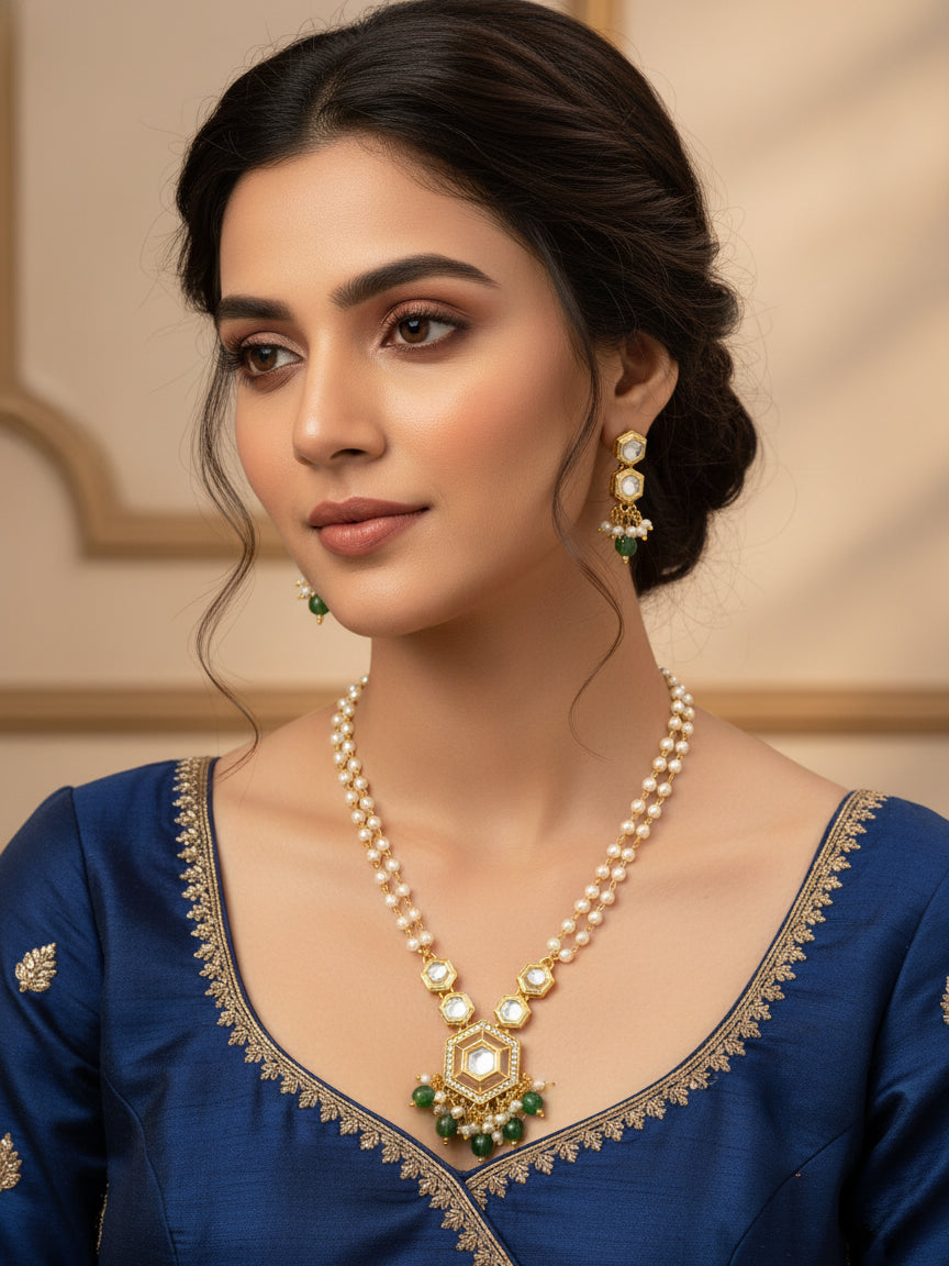 Aadita Long Pearl Strand Hexagonal necklace Set