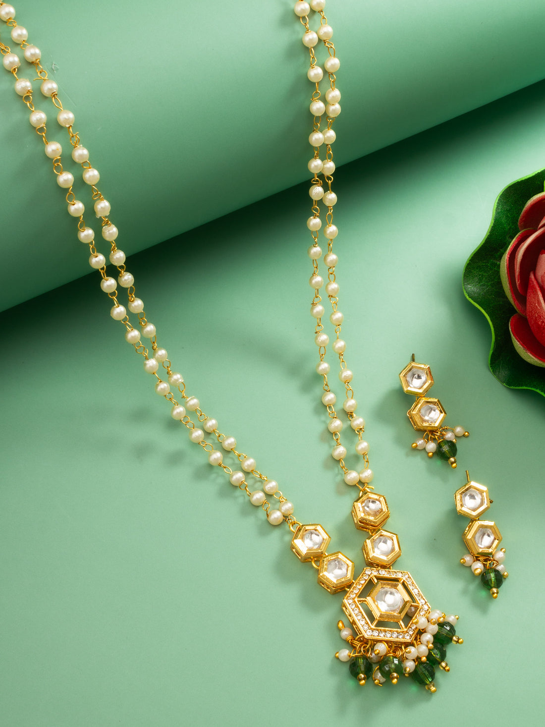 Long Pearl Strand Hexagonal necklace Set