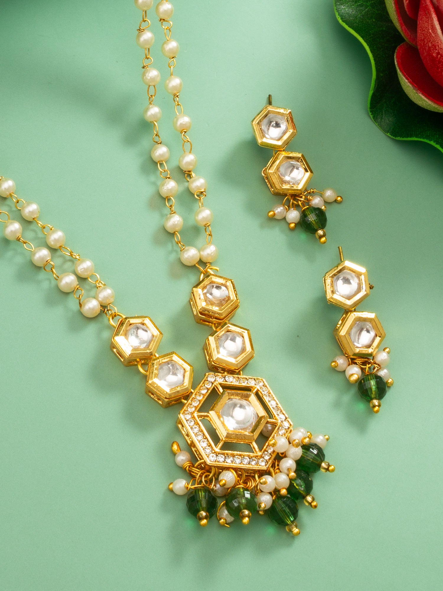 Aadita Long Pearl Strand Hexagonal necklace Set