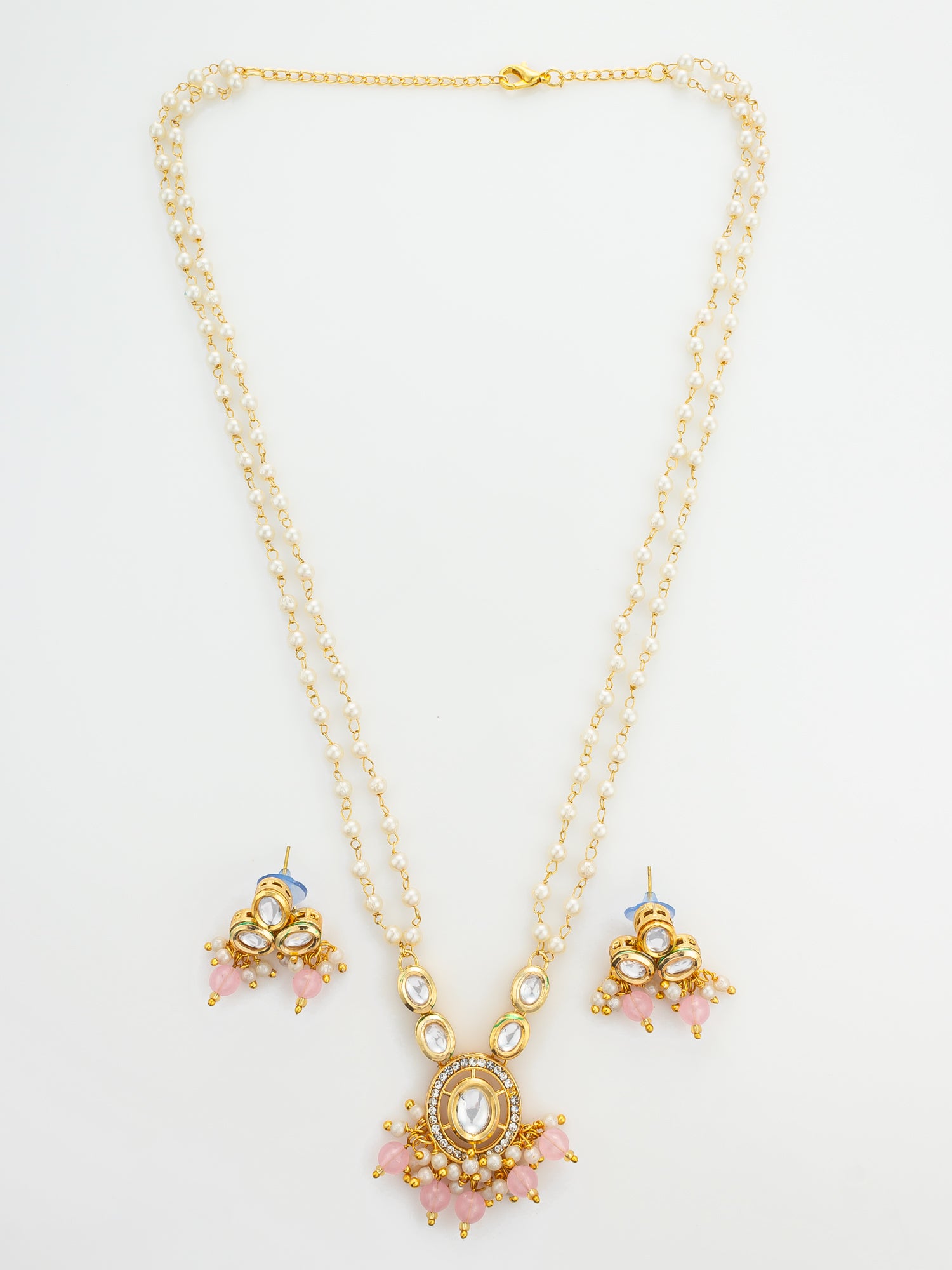 Aadita Gold Plated Kundan and Pink Pearl Long Necklace Set