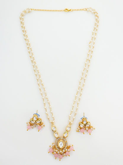 Aadita Gold Plated Kundan and Pink Pearl Long Necklace Set