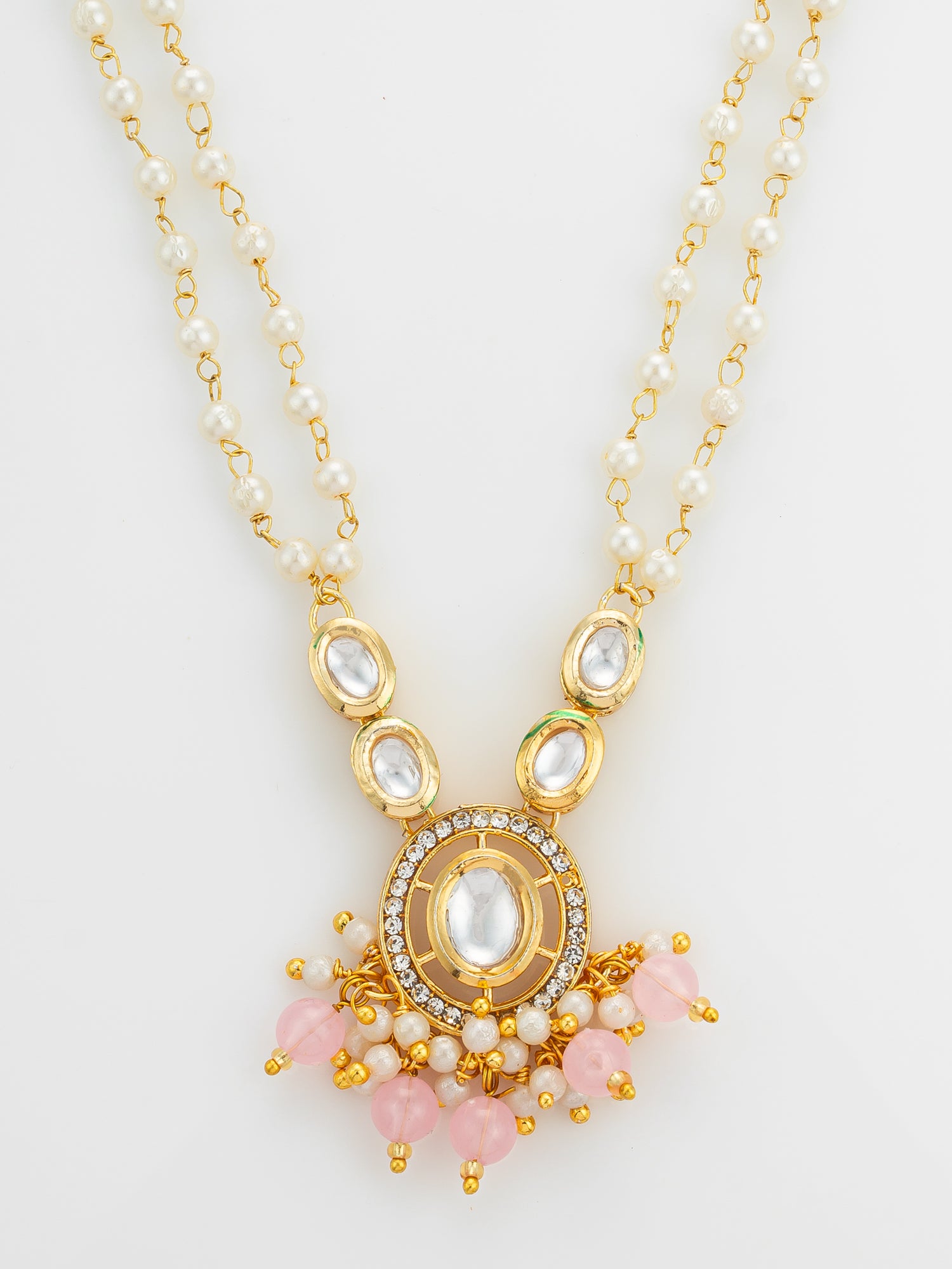Aadita Gold Plated Kundan and Pink Pearl Long Necklace Set