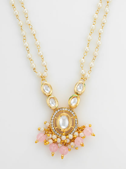 Aadita Gold Plated Kundan and Pink Pearl Long Necklace Set
