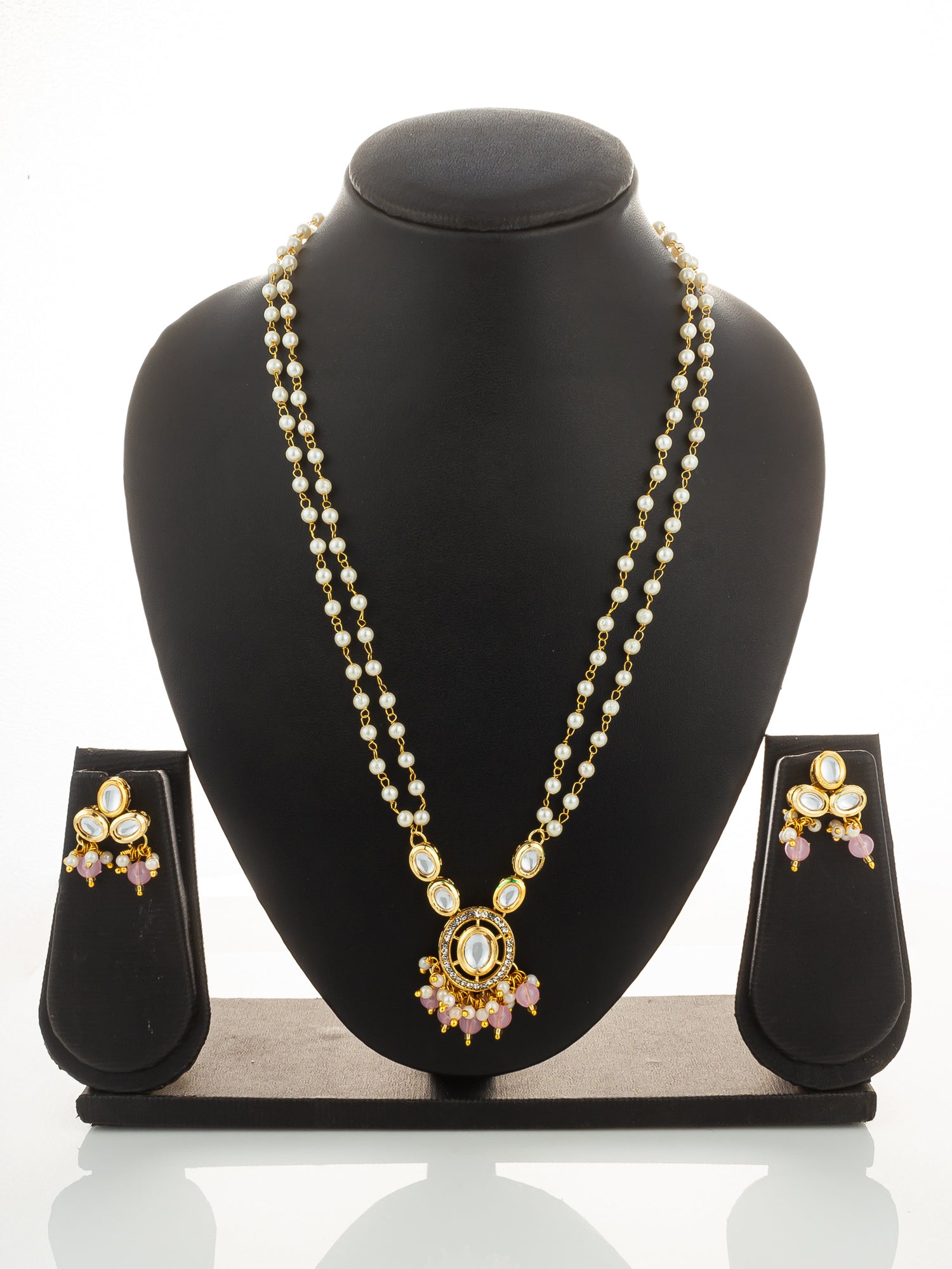 Aadita Gold Plated Kundan and Pink Pearl Long Necklace Set