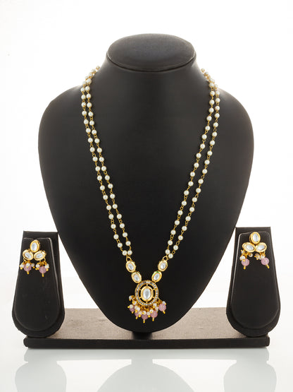 Aadita Gold Plated Kundan and Pink Pearl Long Necklace Set