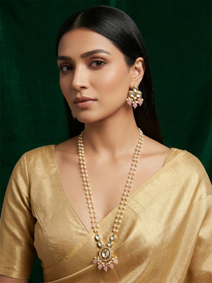 Aadita Gold Plated Kundan and Pink Pearl Long Necklace Set