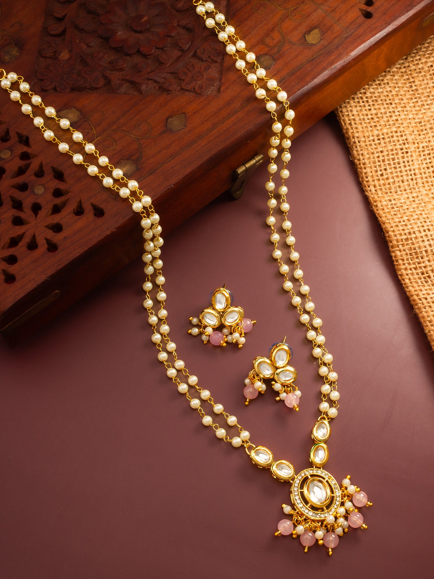 Aadita Gold Plated Kundan and Pink Pearl Long Necklace Set