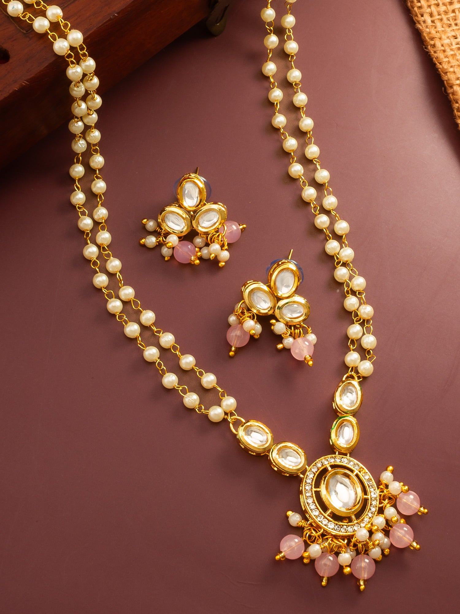 Aadita Gold Plated Kundan and Pink Pearl Long Necklace Set