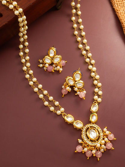 Aadita Gold Plated Kundan and Pink Pearl Long Necklace Set
