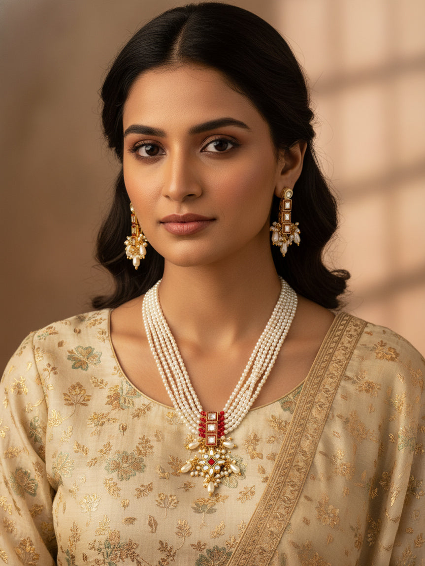 Aadita Multi-Strand Pearl and Geometric Stone Necklace Set