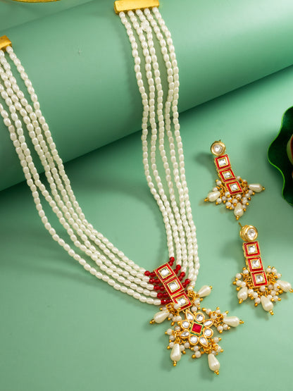 Aadita Multi-Strand Pearl and Geometric Stone Necklace Set