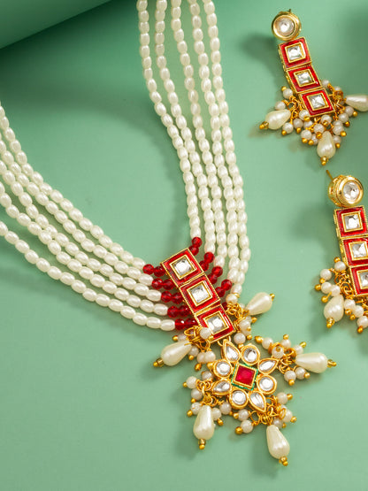 Aadita Multi-Strand Pearl and Geometric Stone Necklace Set