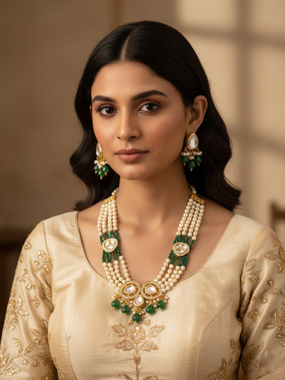 Aadita Gold Plated Green Kundan & Pearl Layered Necklace Set