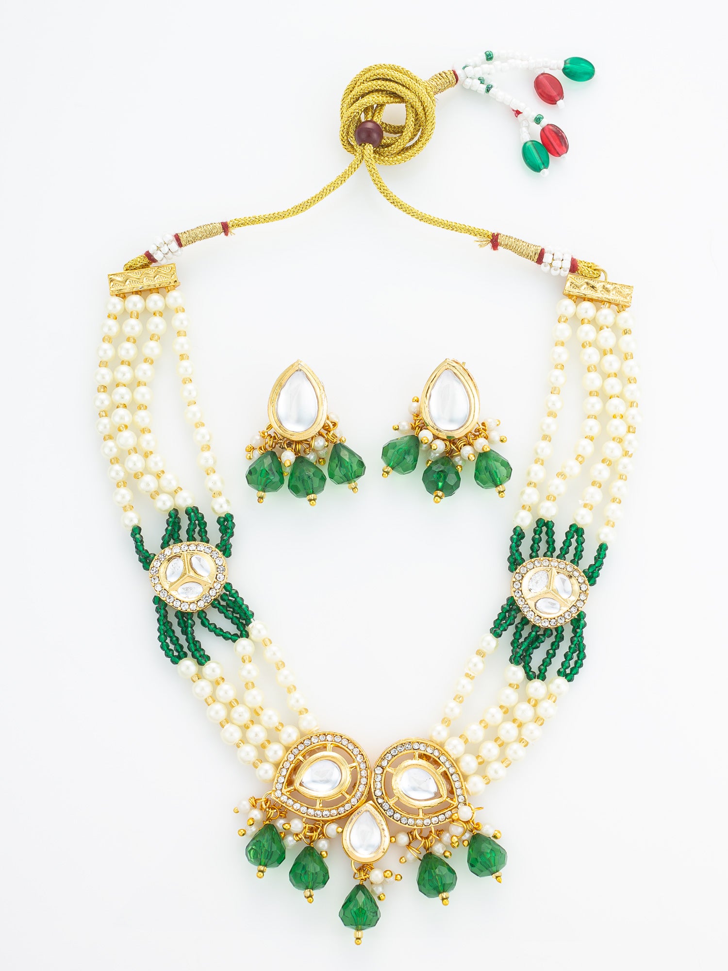 Aadita Gold Plated Green Kundan & Pearl Layered Necklace Set