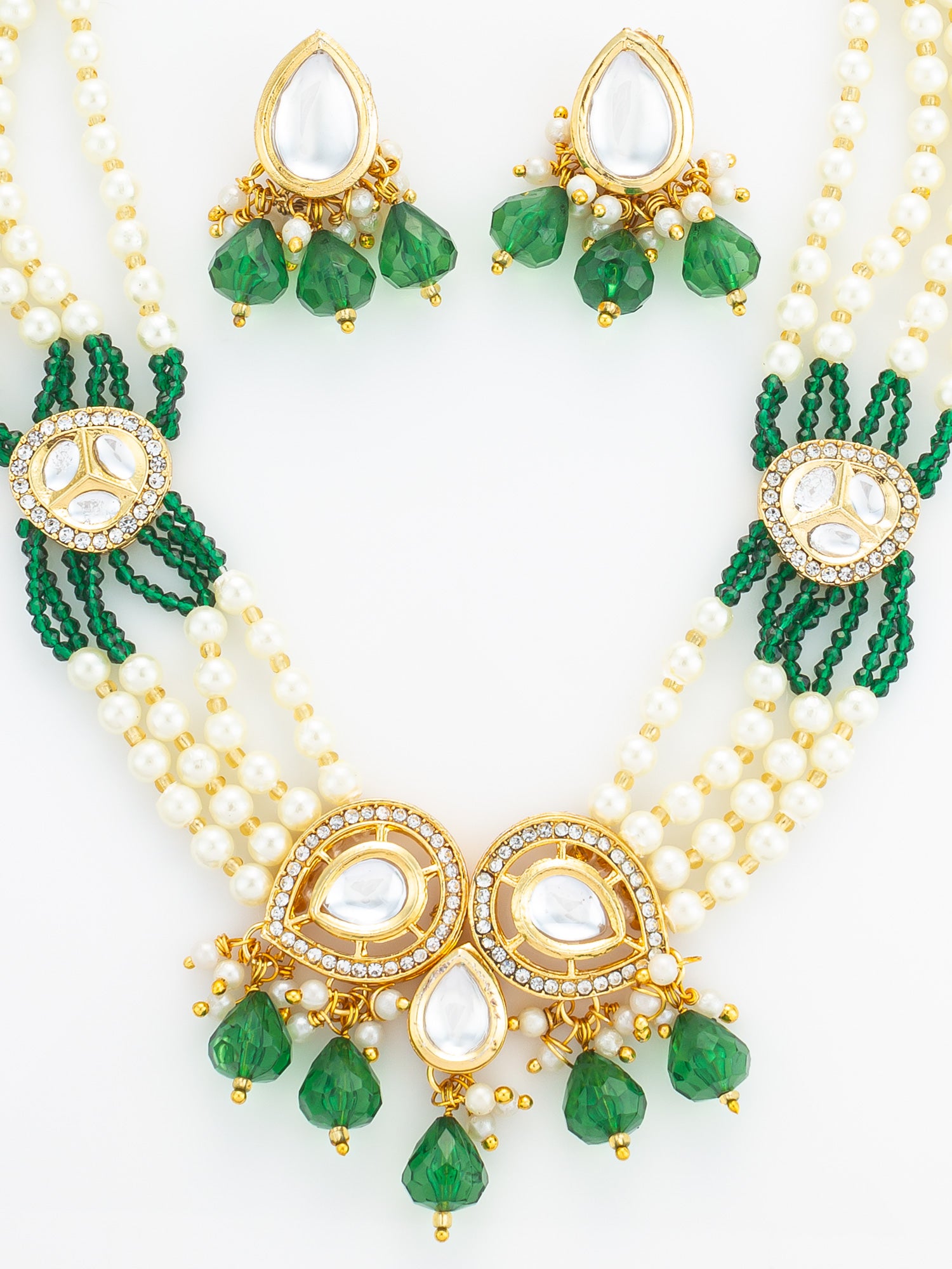 Aadita Gold Plated Green Kundan & Pearl Layered Necklace Set