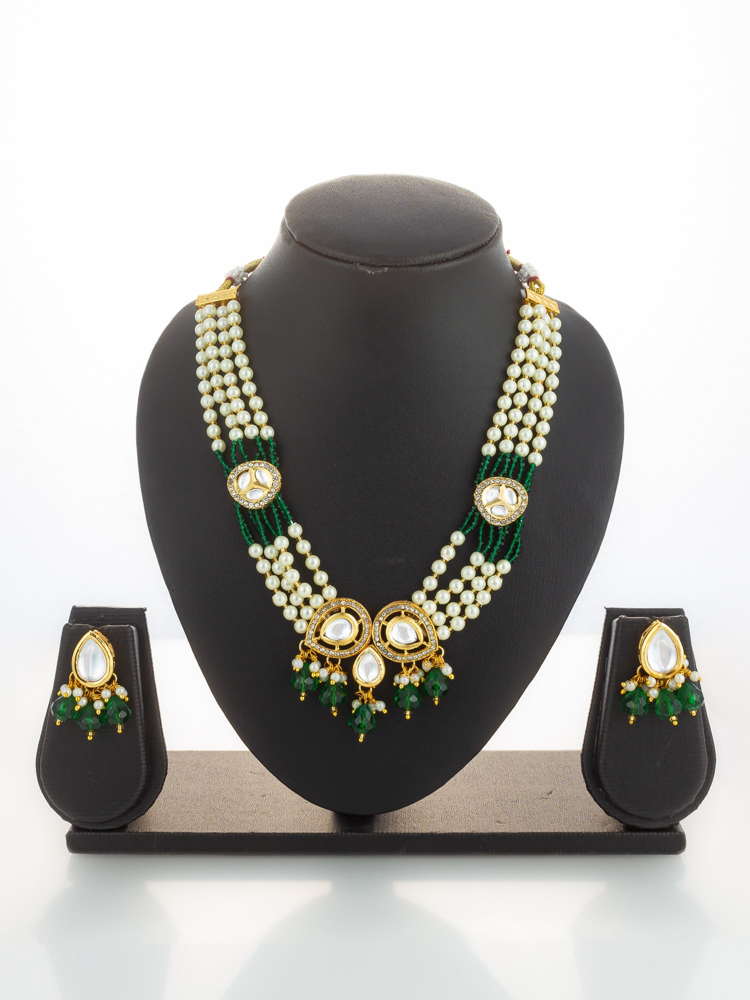 Aadita Gold Plated Green Kundan & Pearl Layered Necklace Set