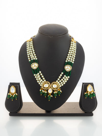 Aadita Gold Plated Green Kundan & Pearl Layered Necklace Set