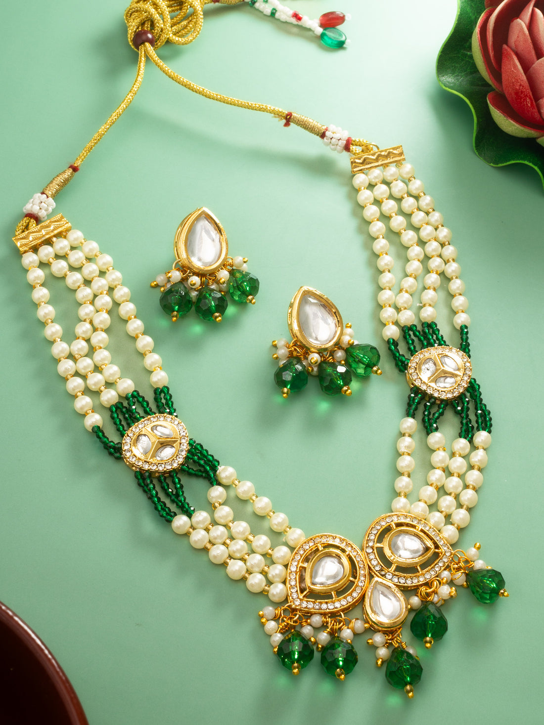 Gold Plated Green Kundan & Pearl Layered Necklace Set