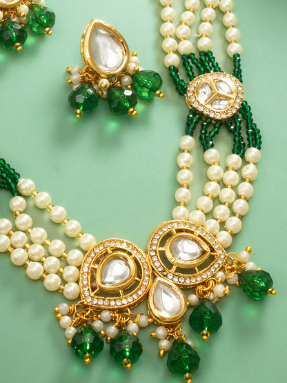 Aadita Gold Plated Green Kundan & Pearl Layered Necklace Set