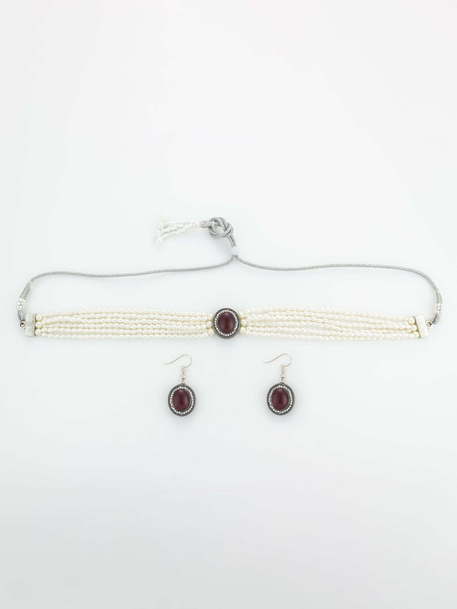 Aadita Silver Plated Pearl Choker Set with Maroon Stone