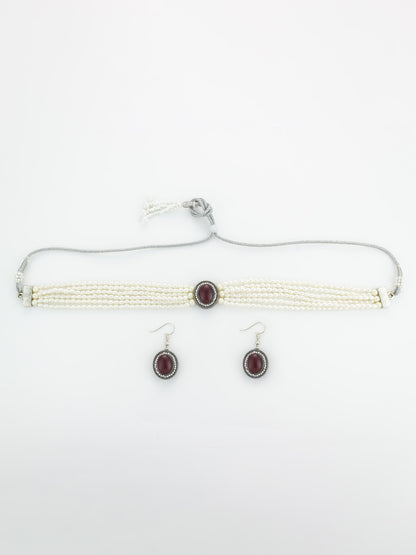 Aadita Silver Plated Pearl Choker Set with Maroon Stone