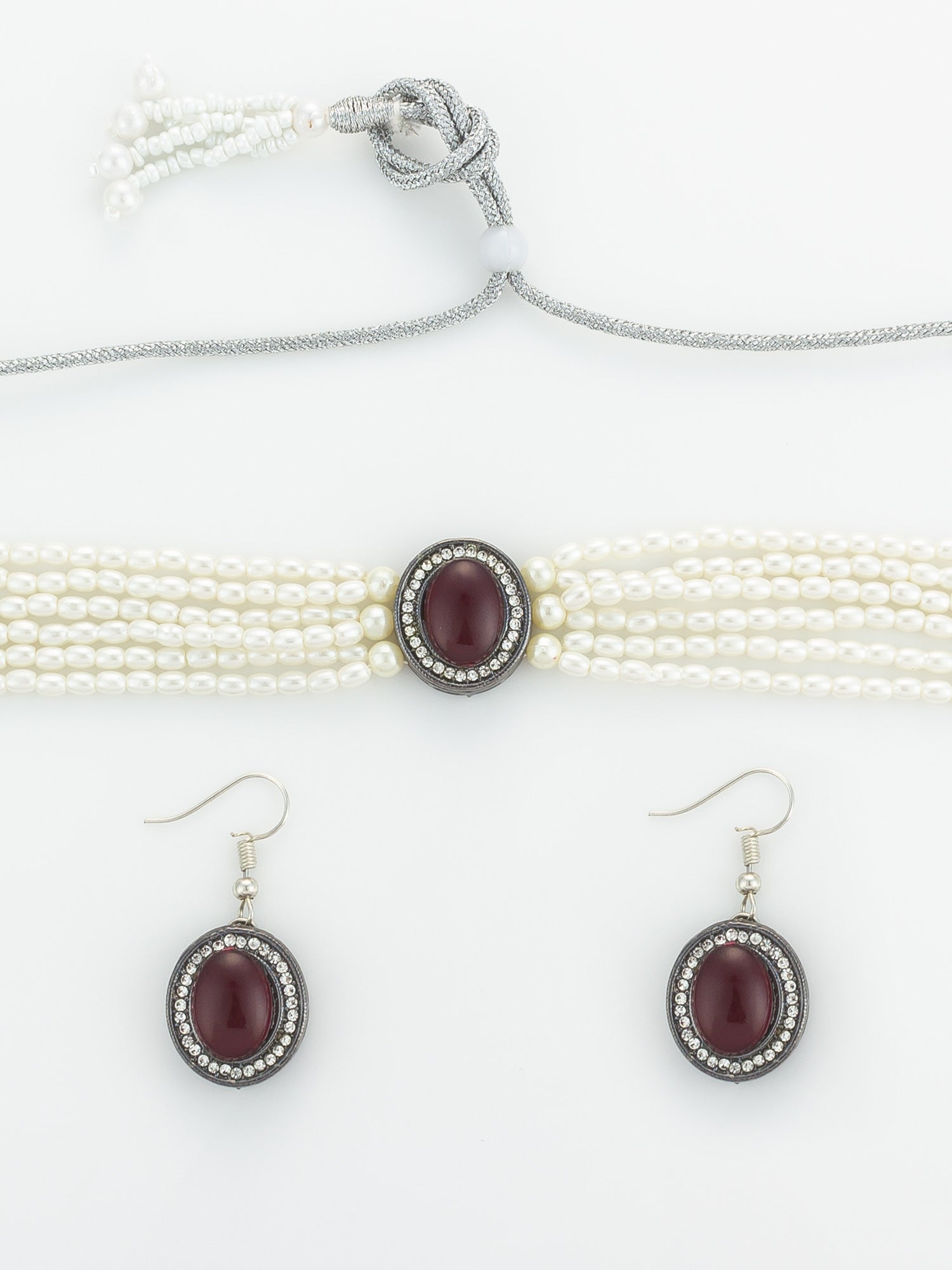 Aadita Silver Plated Pearl Choker Set with Maroon Stone