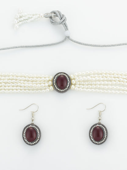 Aadita Silver Plated Pearl Choker Set with Maroon Stone