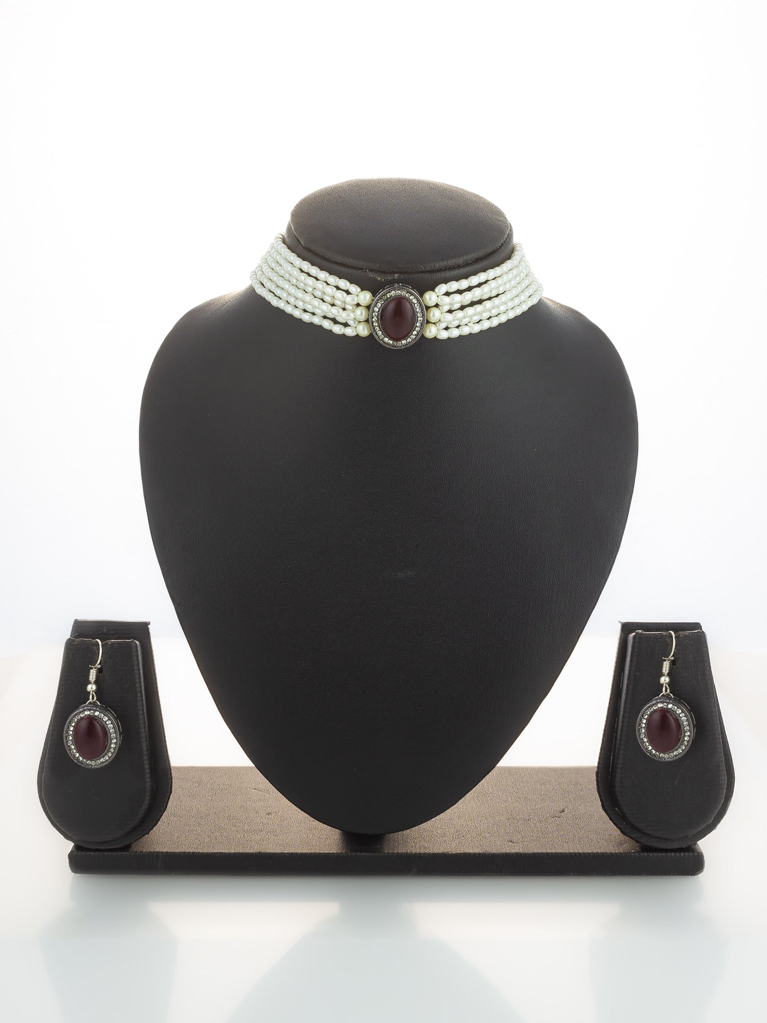 Aadita Silver Plated Pearl Choker Set with Maroon Stone