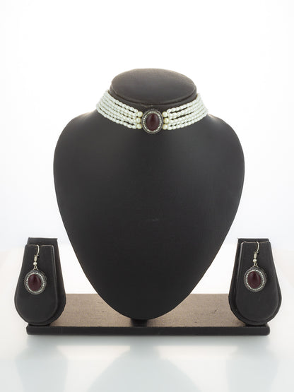 Aadita Silver Plated Pearl Choker Set with Maroon Stone