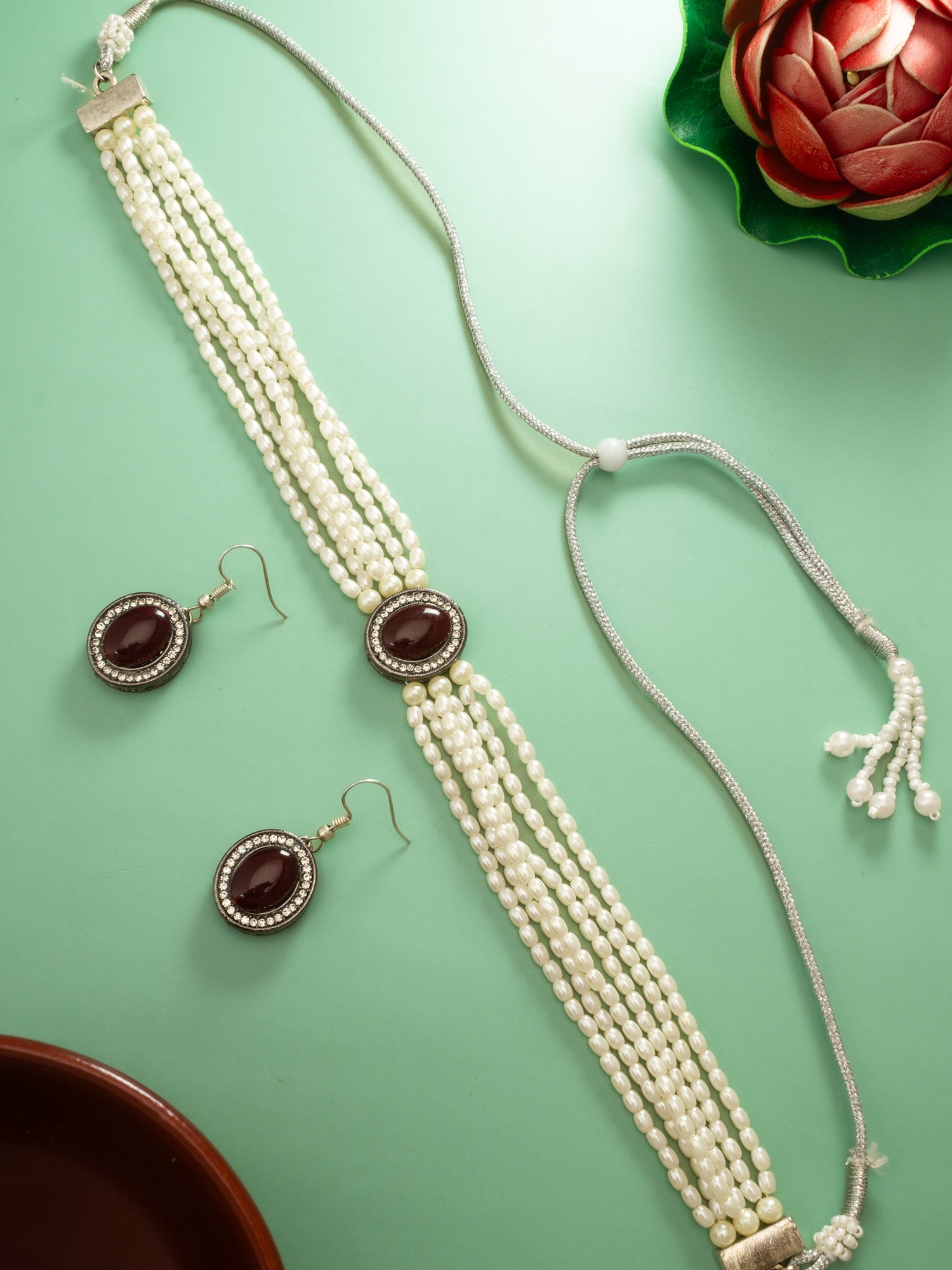 Aadita Silver Plated Pearl Choker Set with Maroon Stone