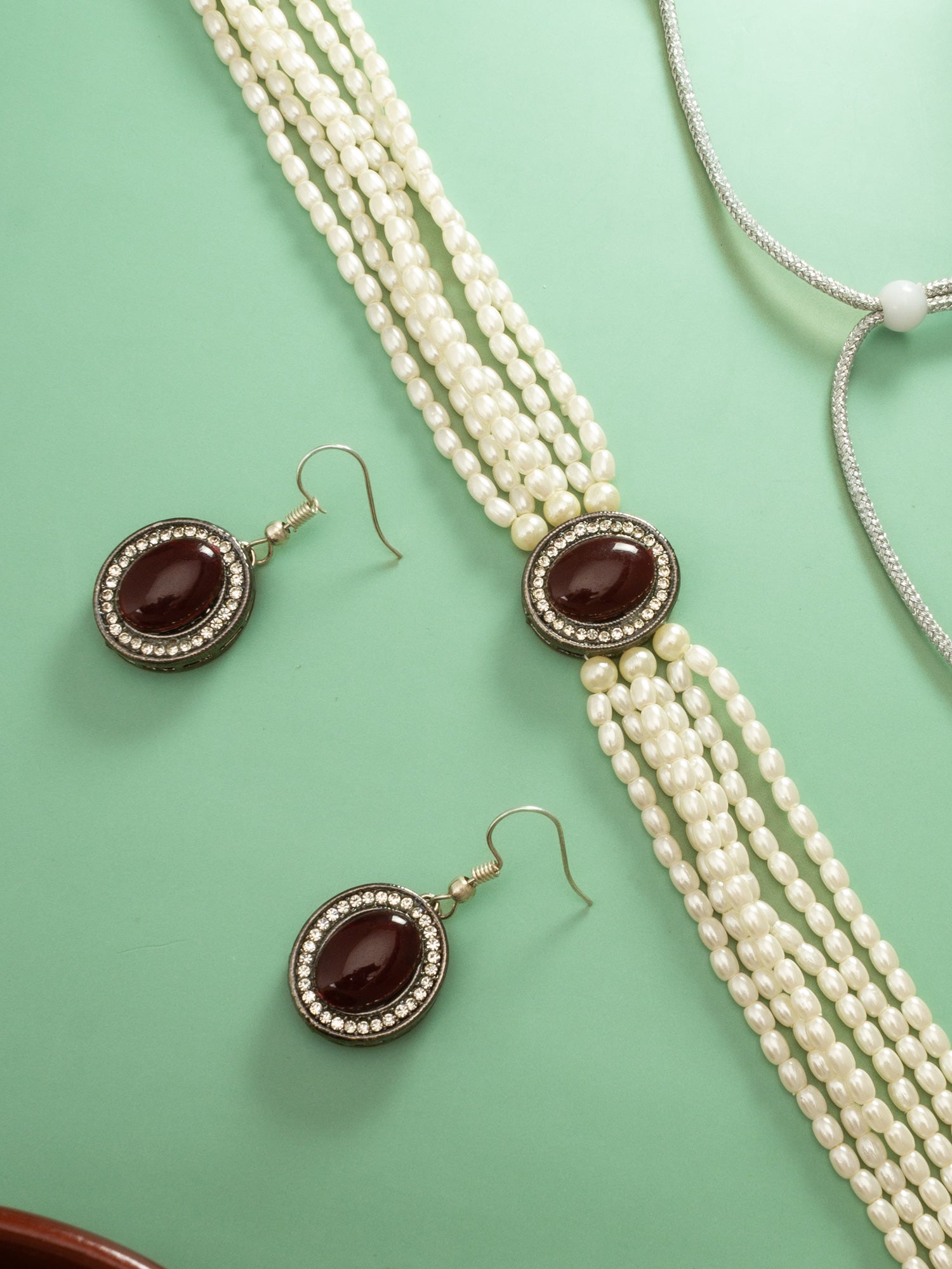 Aadita Silver Plated Pearl Choker Set with Maroon Stone